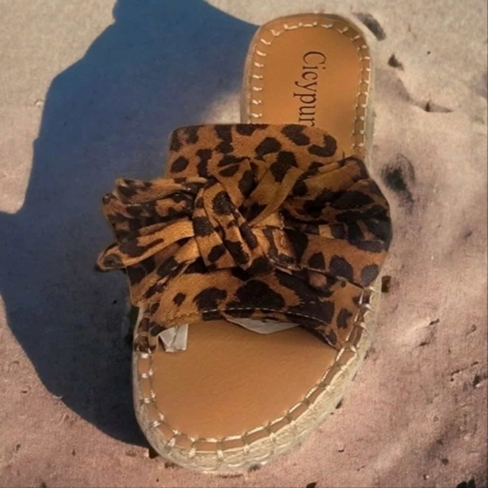 Womens Espadrille‎ Sandals Leopard Print with Bowknots - Size 6 / 7